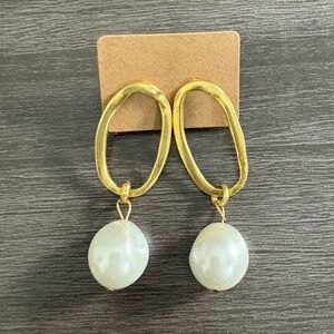 Elongated Gold Oval Pearl Drop Earrings